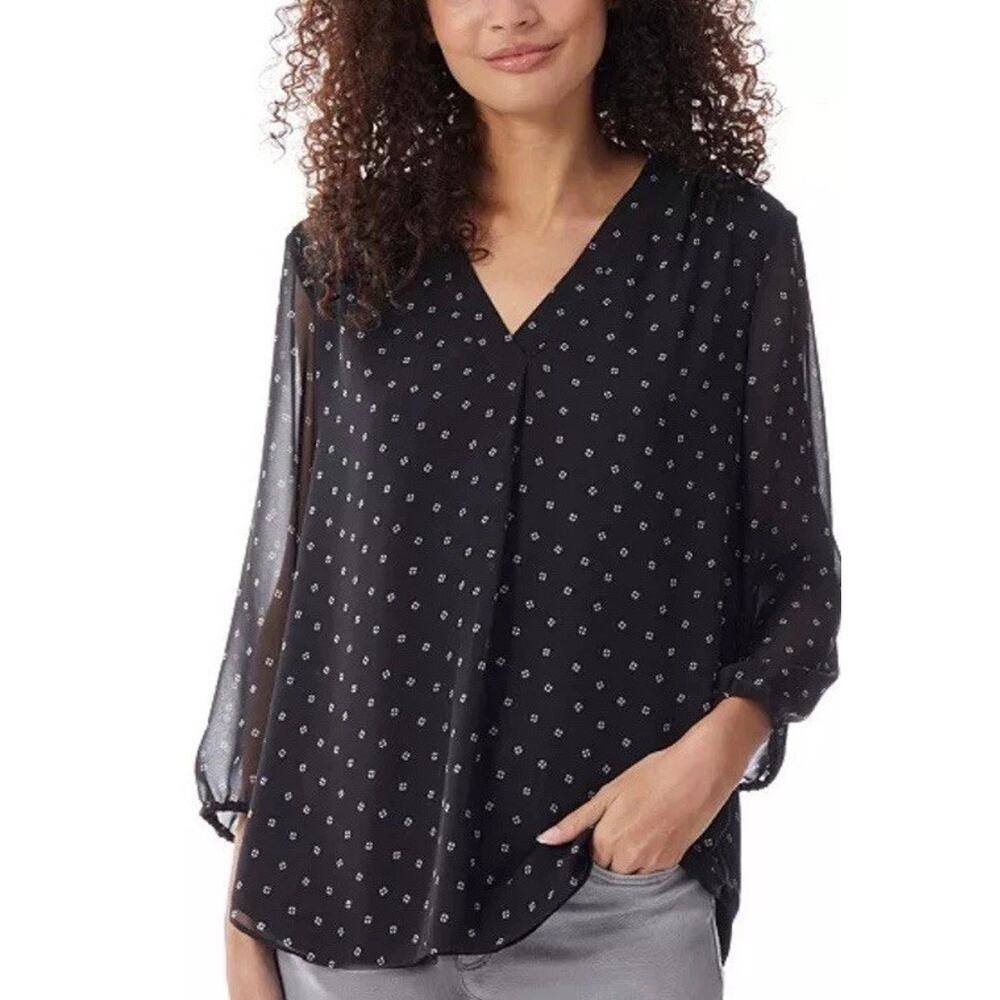 JONES NEW YORK Blouse Black White 3/4 Sheer‎ Sleeve NWT $70 Extra Small Petite